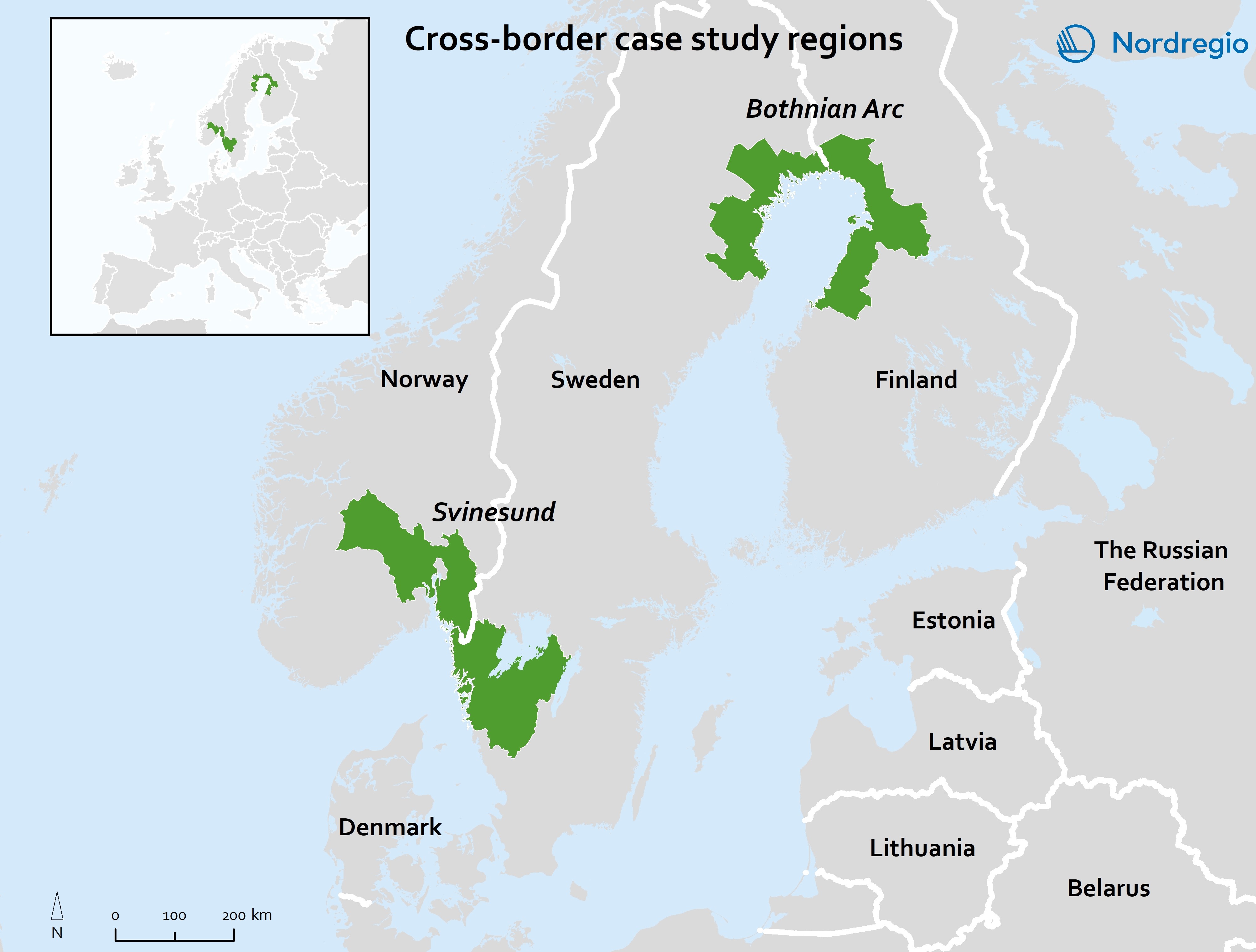 A map marking Svinesund and Bothnian arc regions